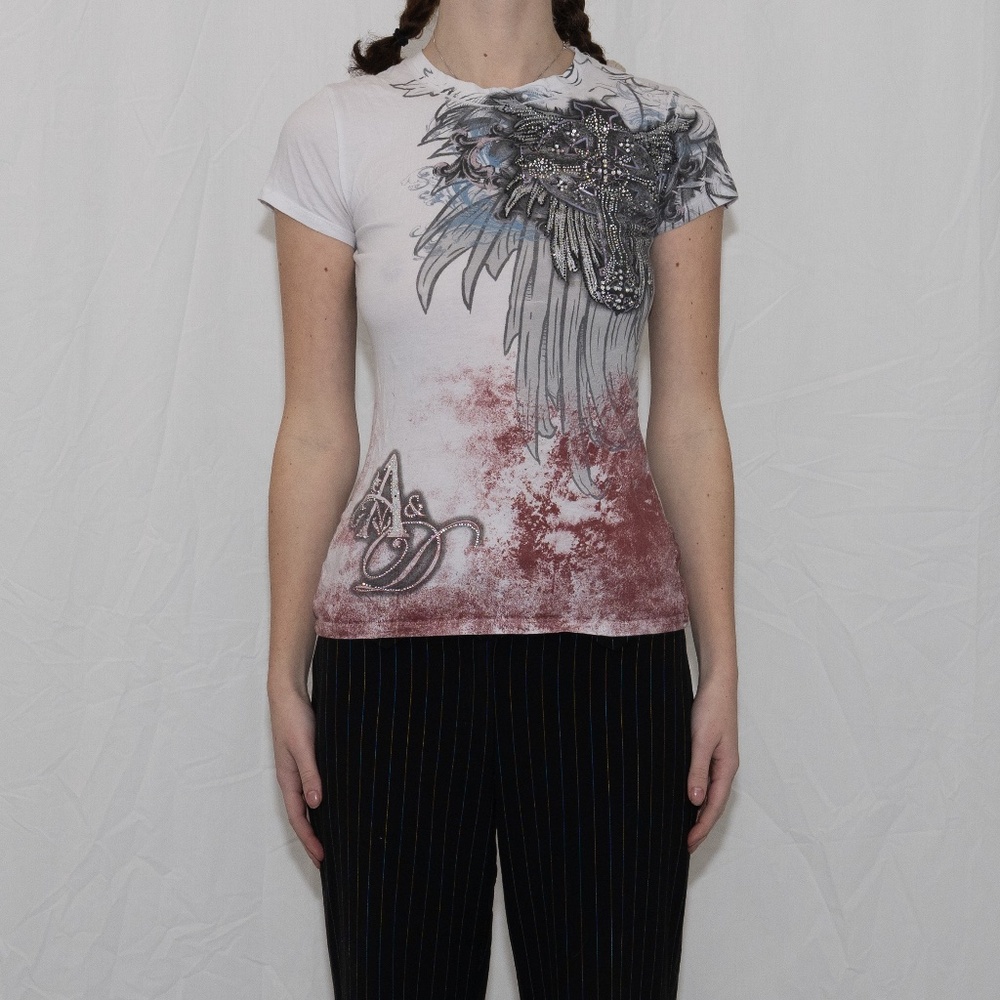 Y2k graphic rhinestone baby tee with wings size small angels & diamonds cotton